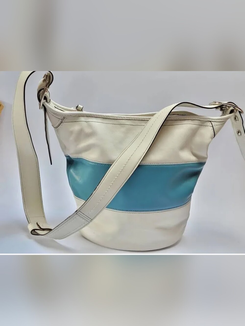 Y2K Coach Bleecker Rugby Stripe Leather Duffle/Bucket Bag. Teal & Off White.